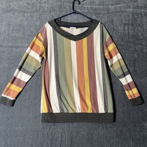 e.Luna Women's S Multicolor Striped V-Neck Long Sleeve Knit Pullover Top